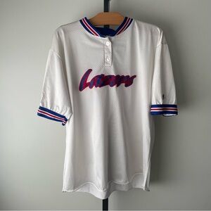 Vintage White Lakers Mesh Henley Jersey with Blue and Red Trim